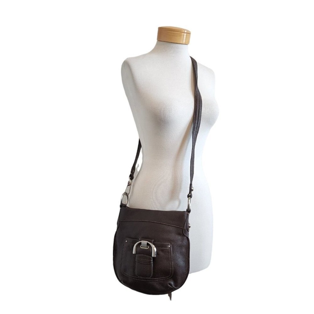 B. Makowsky Chocolate Brown Pebbled Leather Front Buckle Crossbody Saddle Purse